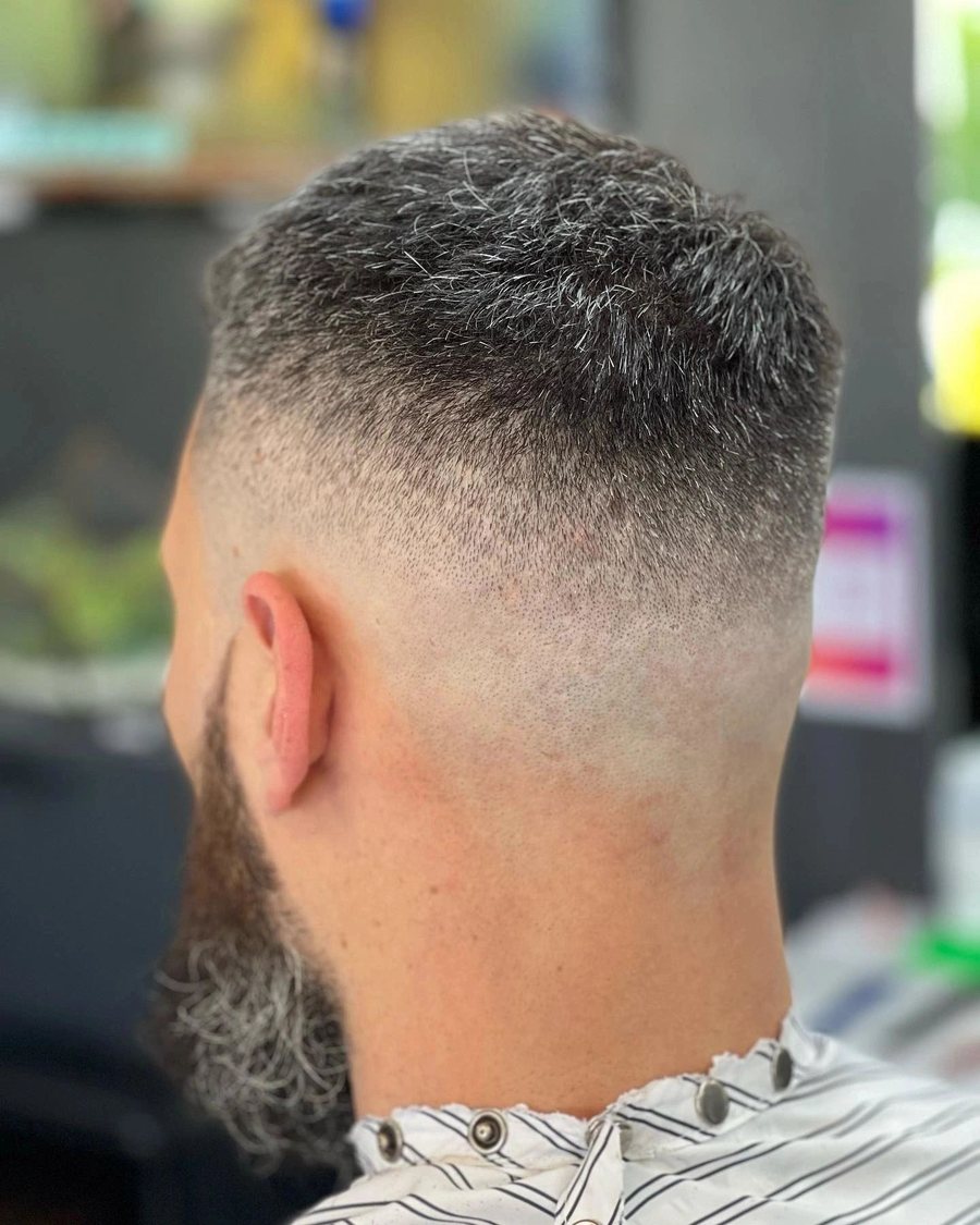 Back view of a salt and pepper crop faded into a trimmed beard line.